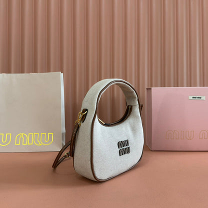 Miu Wander Tote Bag 20cm Soft Beige Cotton Brown Cowhide 257967