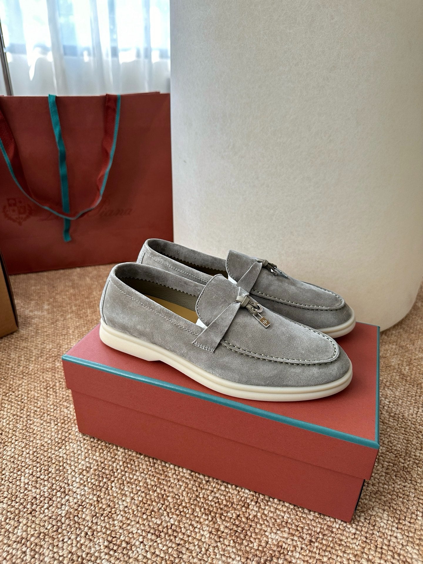 Loro Piana Summer Charms Walk Suede Loafers - Light Grey