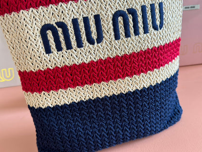 Miu Crochet Tote Bag 30x38 Beige Dark Blue Raffia-Effect Woven 285257