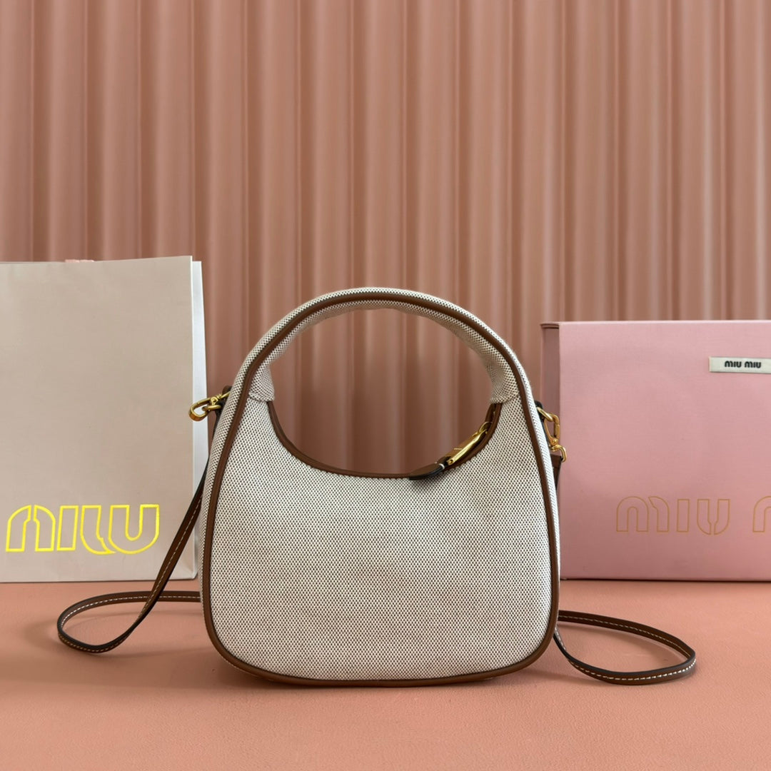 Miu Wander Tote Bag 20cm Soft Beige Cotton Brown Cowhide 257967