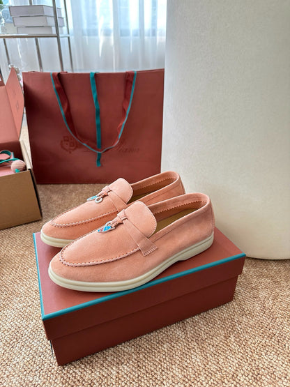 Coral Pink Suede Slip-On Loafers, Loro Piana Style