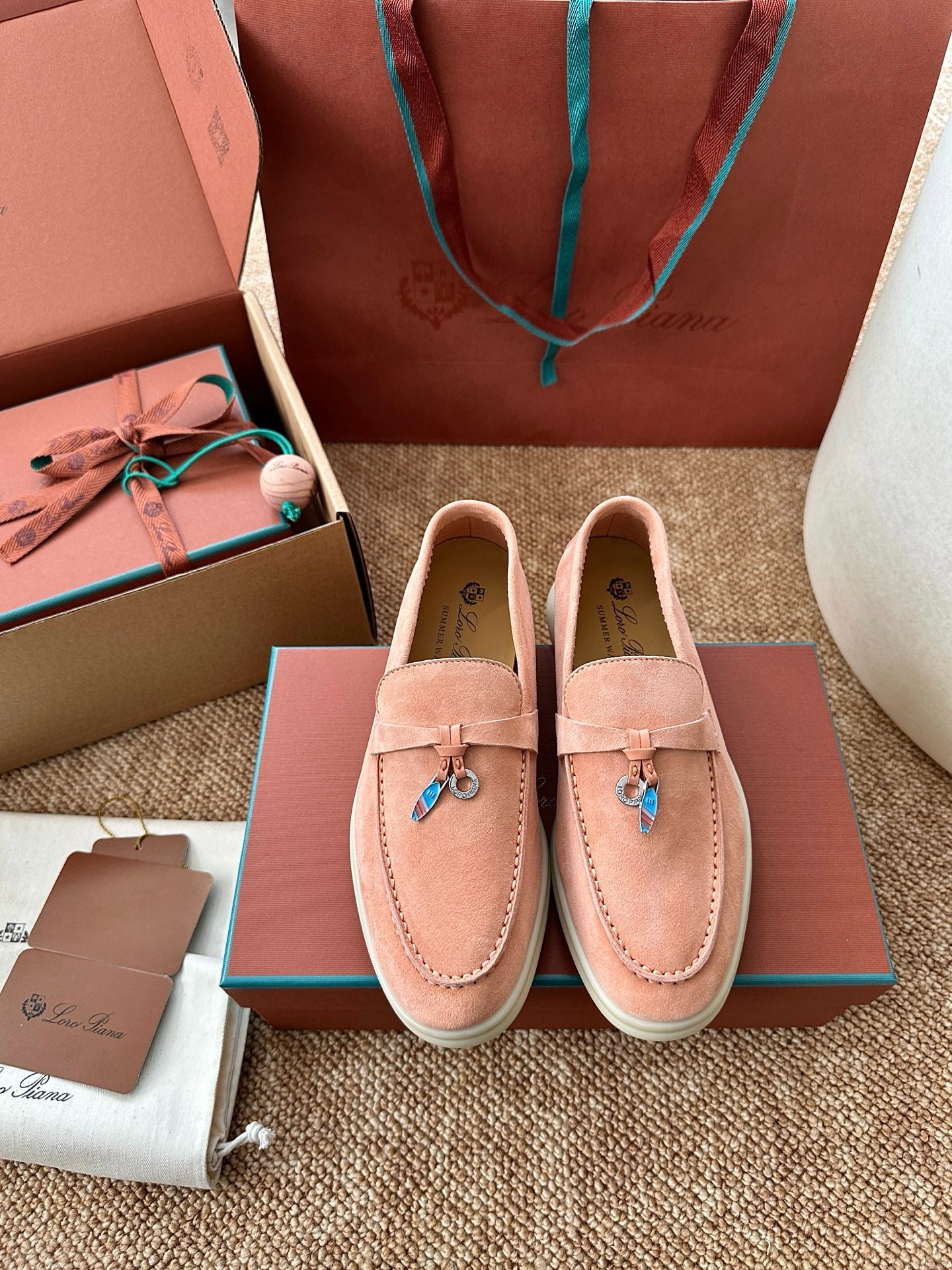 Coral Pink Suede Slip-On Loafers, Loro Piana Style
