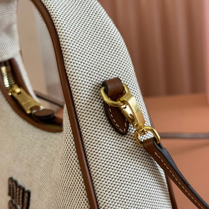Miu Wander Tote Bag 20cm Soft Beige Cotton Brown Cowhide 257967