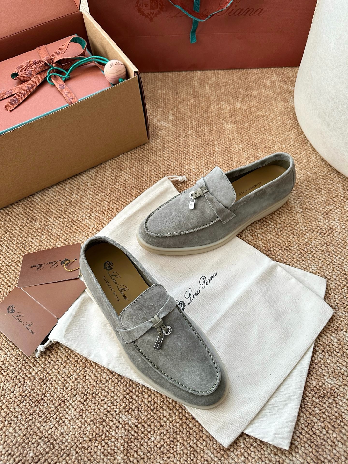 Loro Piana Summer Charms Walk Suede Loafers - Light Grey