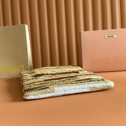 Miu Crochet Tote Bag 30x38 Beige Colorful Raffia-Effect Woven 285253