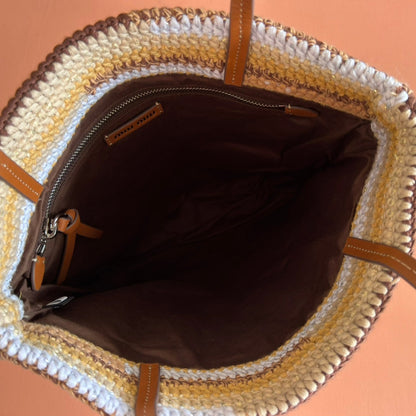 Miu Crochet Tote Bag 30x38 Beige Colorful Raffia-Effect Woven 285253