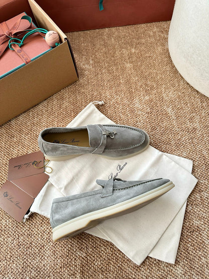 Loro Piana Summer Charms Walk Suede Loafers - Light Grey