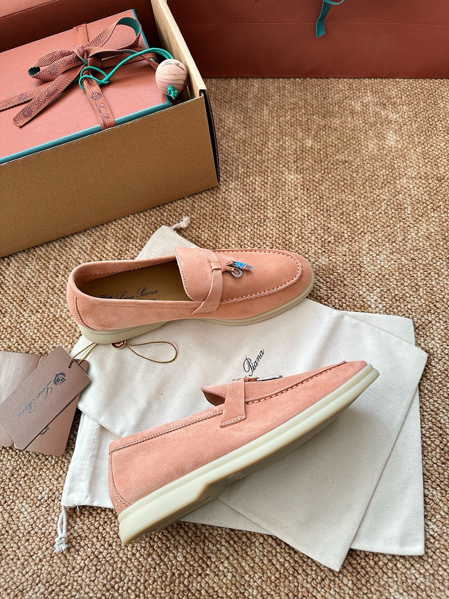Coral Pink Suede Slip-On Loafers, Loro Piana Style