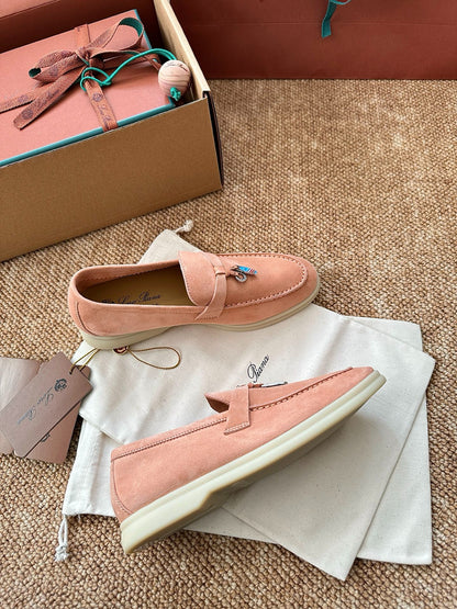 Coral Pink Suede Slip-On Loafers, Loro Piana Style