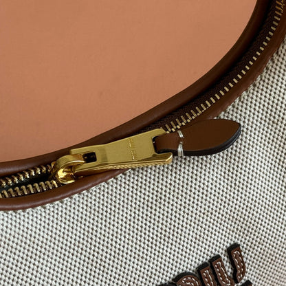 Miu Wander Tote Bag 20cm Soft Beige Cotton Brown Cowhide 257967