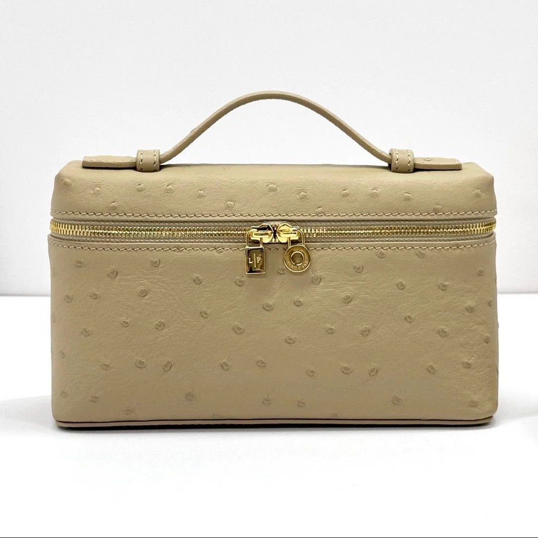 LP Extra Bag 19cm Ostrich Pattern Beige Gold Buckle Calfskin