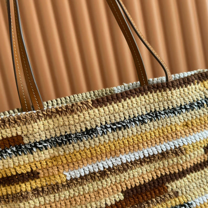 Miu Crochet Tote Bag 30x38 Beige Colorful Raffia-Effect Woven 285253