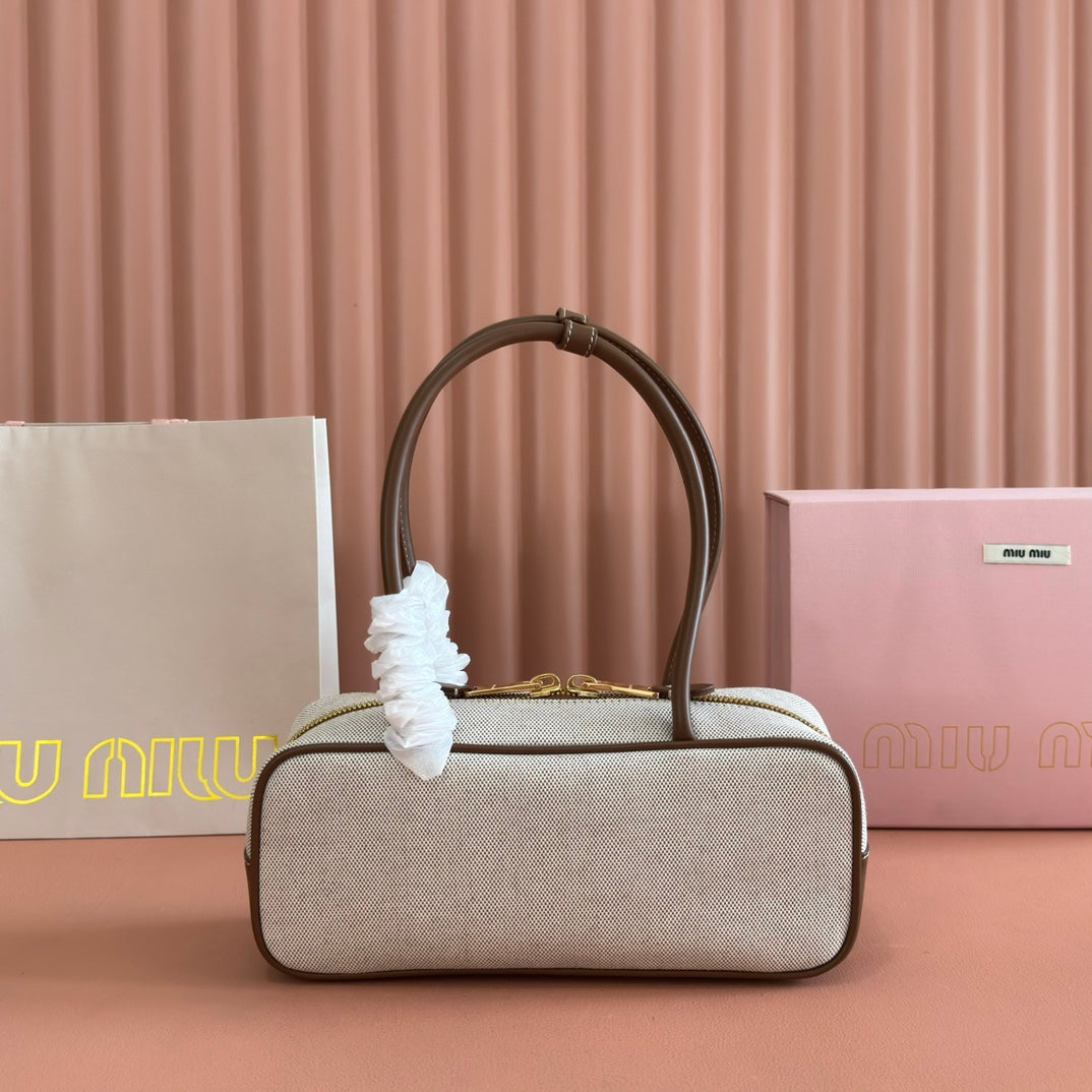 Miu Beau Small Bag 28cm Soft Beige Cotton Brown Cowhide 257964