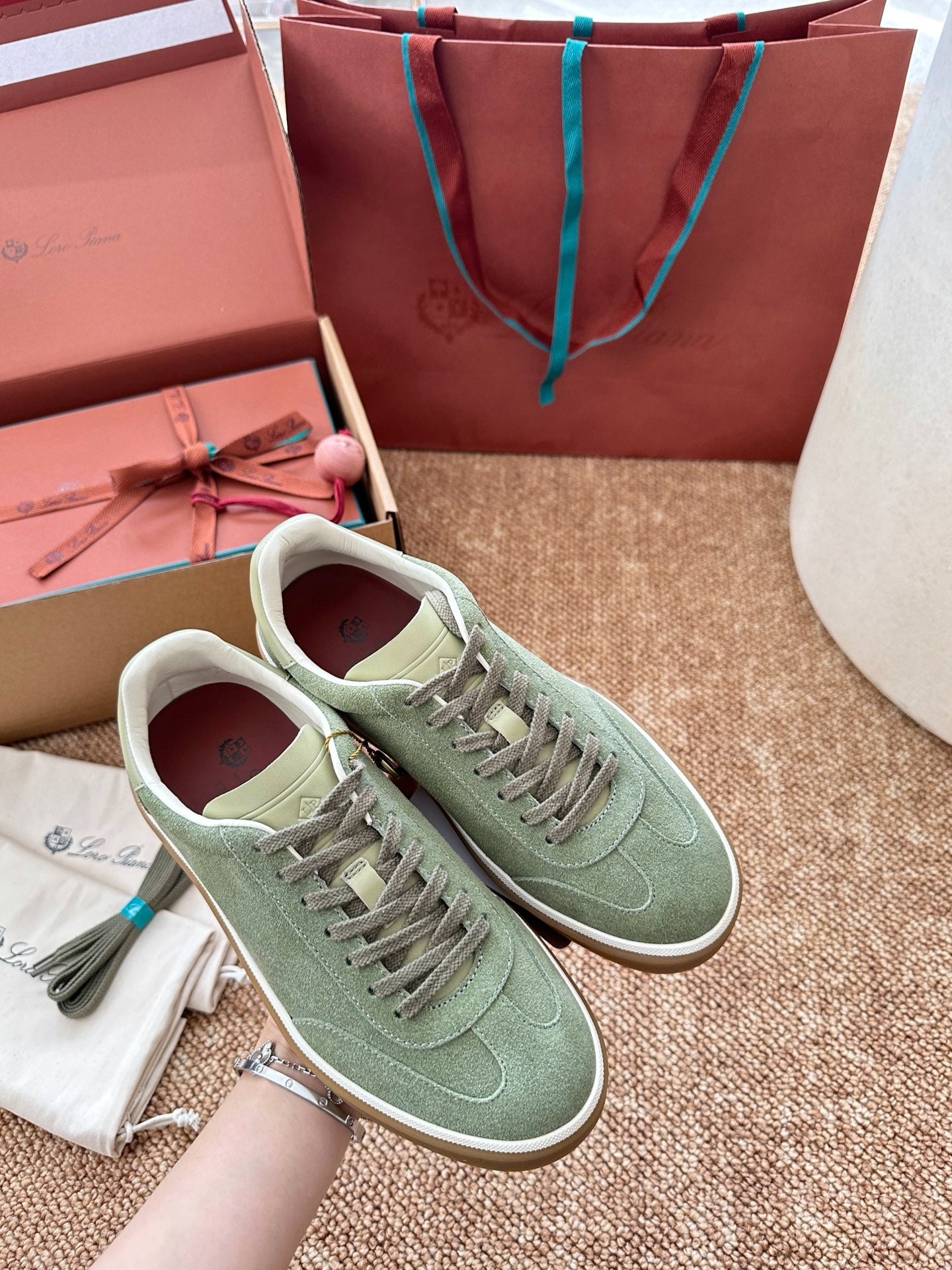 Light Green Suede Lace-Up Sneakers, Loro Piana Style