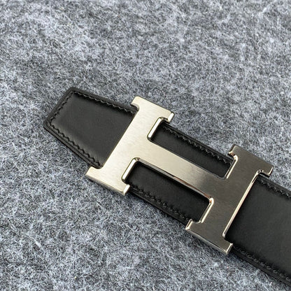 H Constance  Leather Reversible Belt 'Noir/Silver'