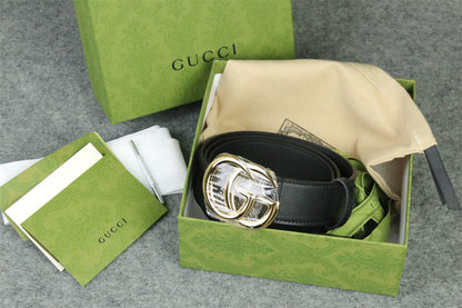 Double G Leather Belt with Antique Brass Buckle, 1” Width 'Black'