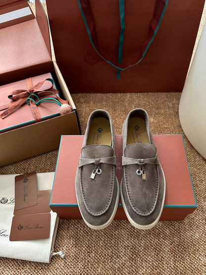 Loro Piana Summer Charms Walk Suede Loafers - Taupe Grey