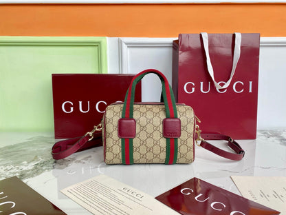 Gucci 25 GG Handbag 20cm  Beige mix Rosso Ancora Red Canvas Leather 286710