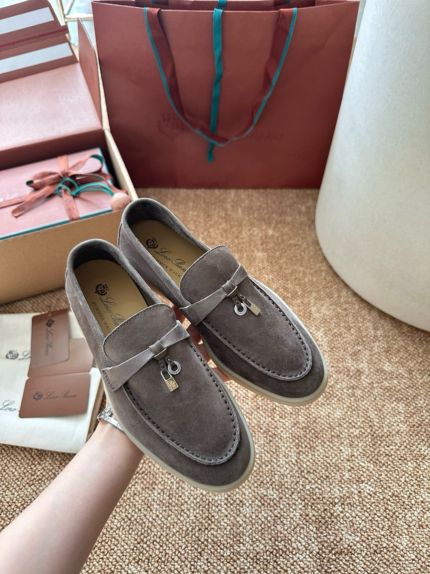 Loro Piana Summer Charms Walk Suede Loafers - Taupe Grey
