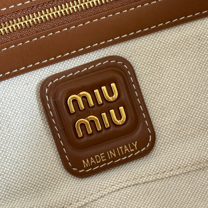 Miu Beau Small Bag 28cm Soft Beige Mix Dark Navy Blue Brown Cotton Cowhide 257951