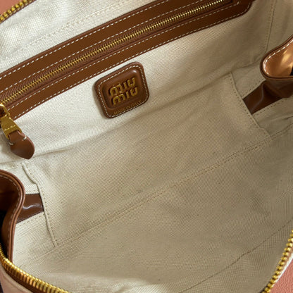 Miu Beau Small Bag 28cm Soft Beige Mix Dark Navy Blue Brown Cotton Cowhide 257951