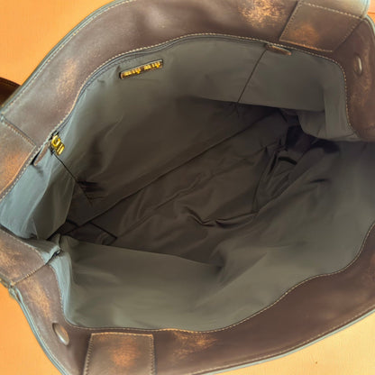 Miu Logo-Embossed Tote Bag Coffee Leather