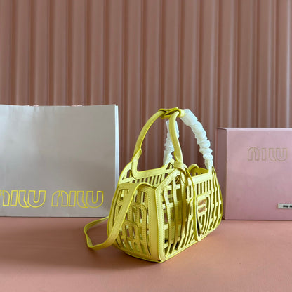Miu Leather Basket Bag 24cm Lemon Yellow Cowhide 255473