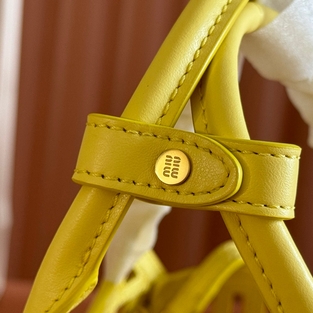 Miu Leather Basket Bag 24cm Lemon Yellow Cowhide 255473