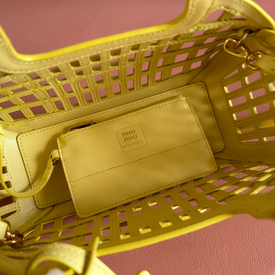 Miu Leather Basket Bag 24cm Lemon Yellow Cowhide 255473