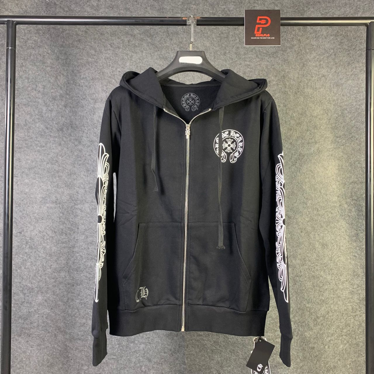 Chrome Hearts Horseshoe Floral Cross-Sleeve Zip Up Hoodie 'Black/White'