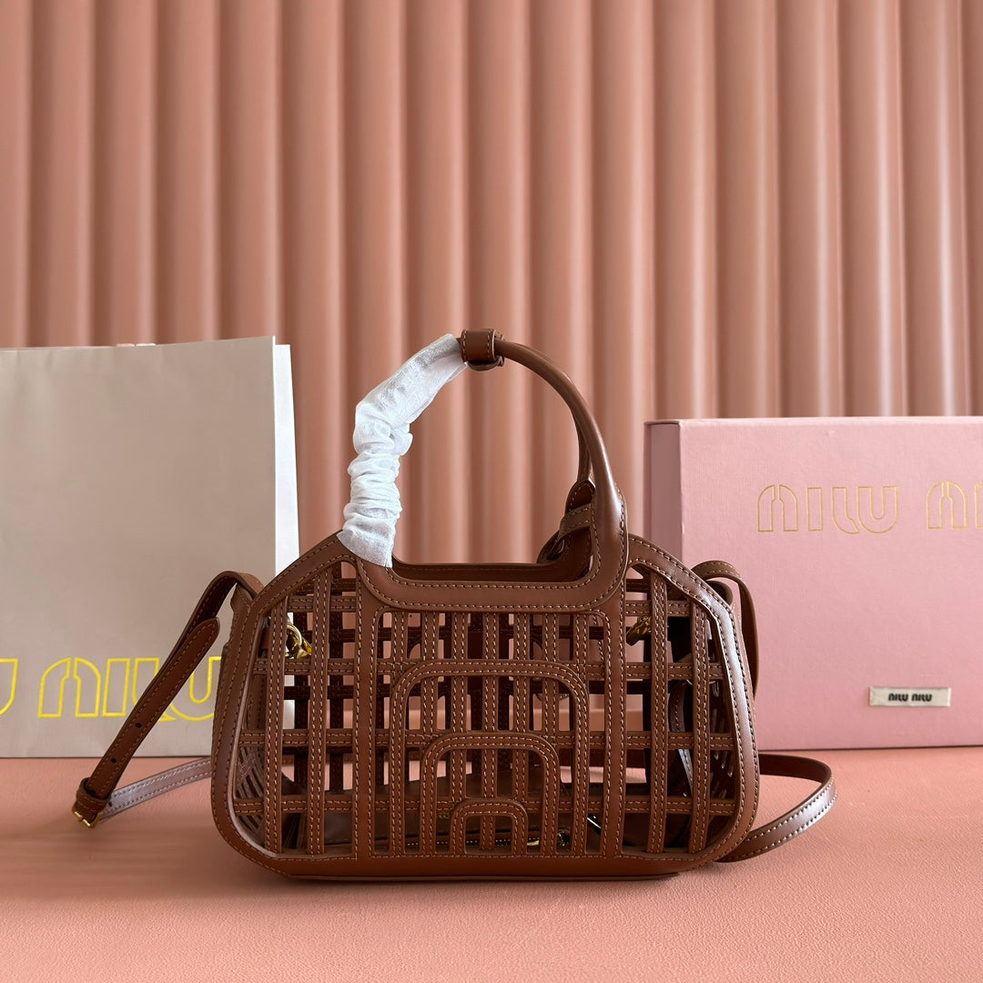 Miu Leather Basket Bag 24cm Brown Cowhide 255472