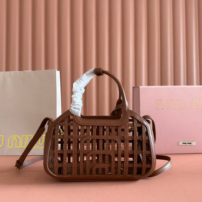Miu Leather Basket Bag 24cm Brown Cowhide 255472