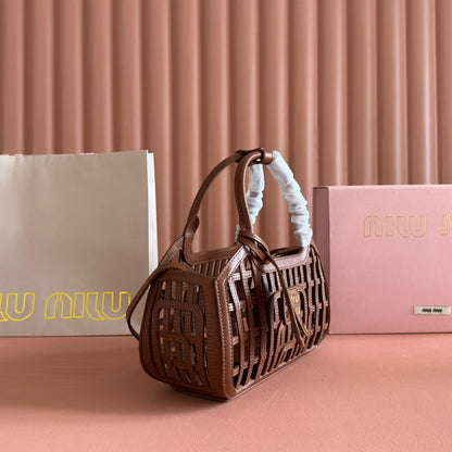 Miu Leather Basket Bag 24cm Brown Cowhide 255472