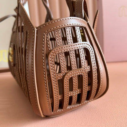 Miu Leather Basket Bag 24cm Brown Cowhide 255472