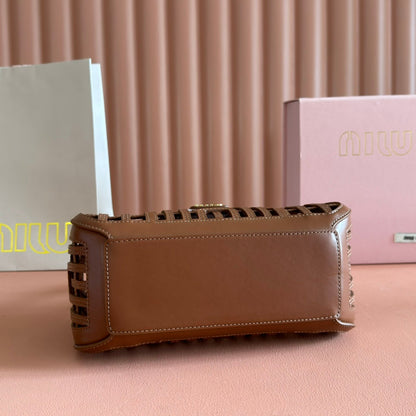 Miu Leather Basket Bag 24cm Brown Cowhide 255472