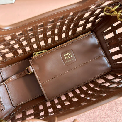 Miu Leather Basket Bag 24cm Brown Cowhide 255472