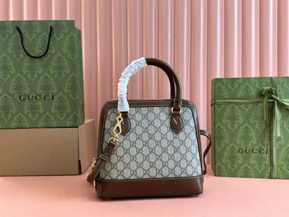 GG Horsebit 1955 Small Top Handle Bag Beige & Dark Brown GG Monogram Fabric 272173