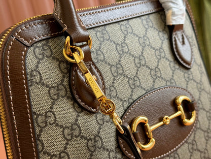GG Horsebit 1955 Small Top Handle Bag Beige & Dark Brown GG Monogram Fabric 272173