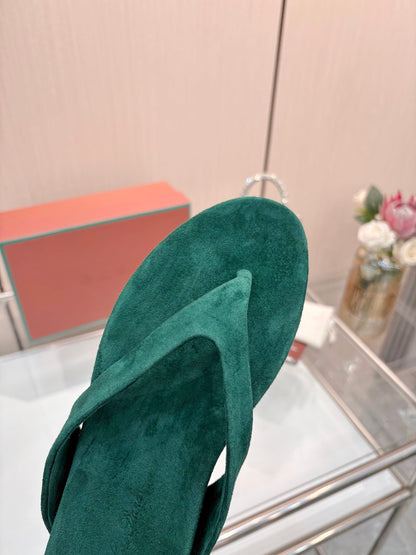 Emerald Green Suede Old Money Style Flat Flip Flops Women Luxury Thong Sandals