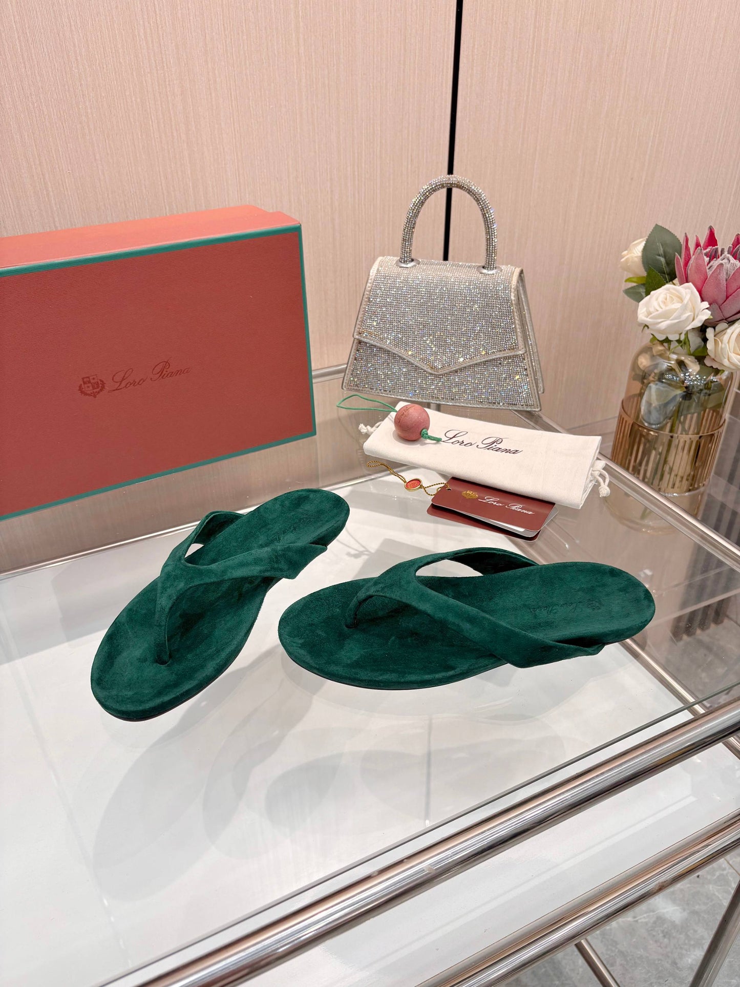 Emerald Green Suede Old Money Style Flat Flip Flops Women Luxury Thong Sandals