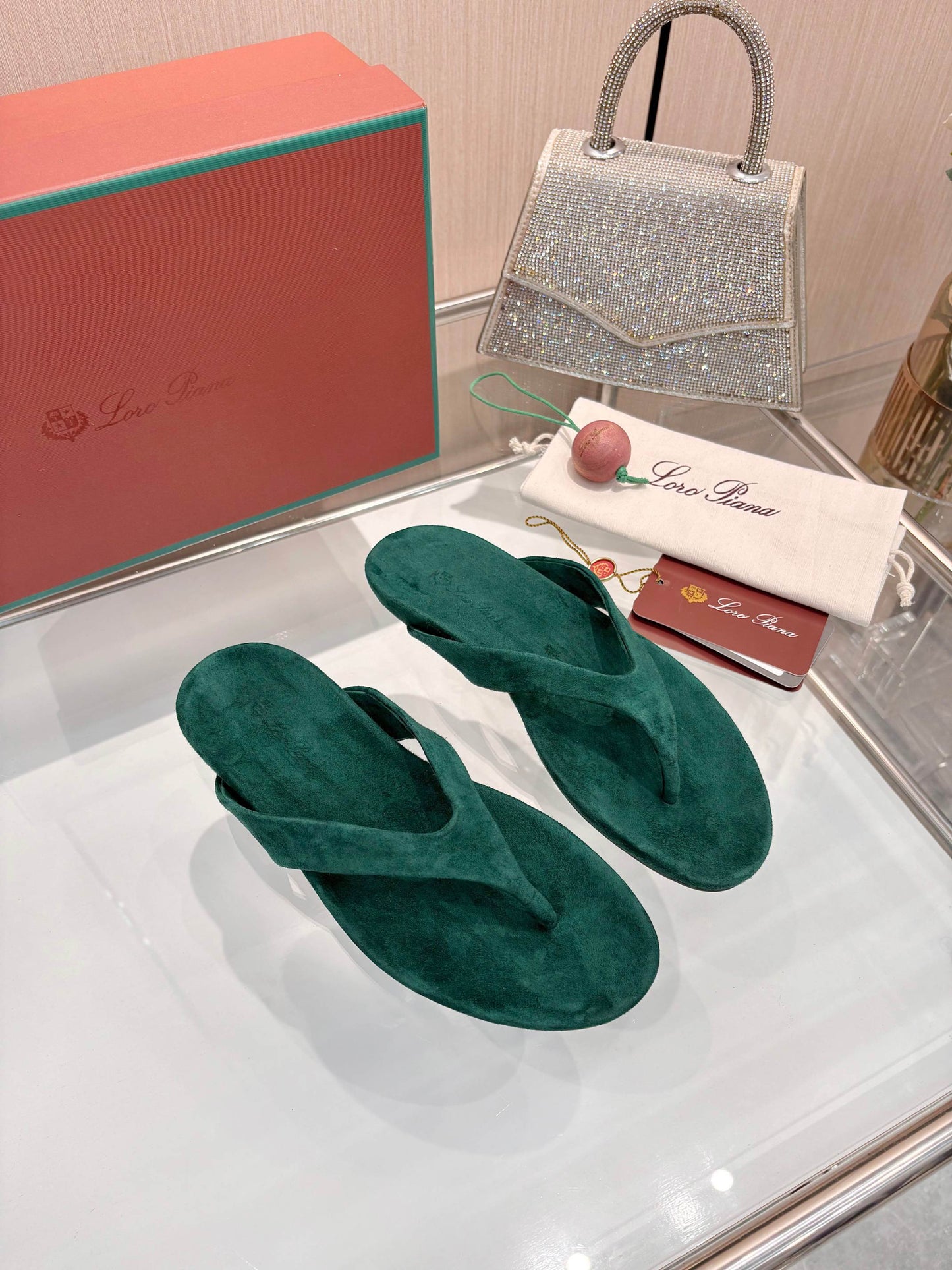 Emerald Green Suede Old Money Style Flat Flip Flops Women Luxury Thong Sandals