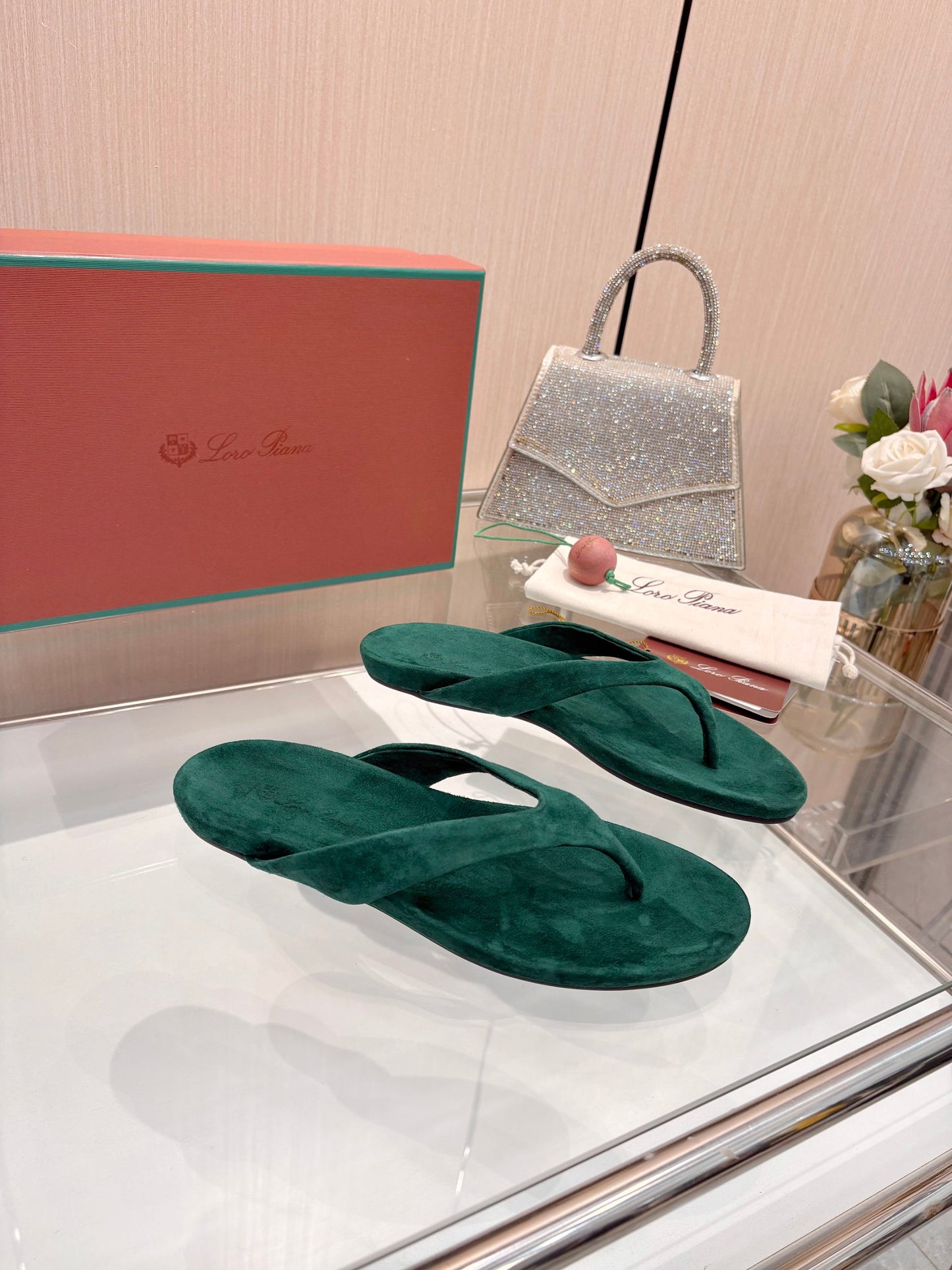 Emerald Green Suede Old Money Style Flat Flip Flops Women Luxury Thong Sandals