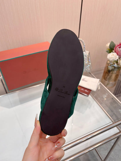Emerald Green Suede Old Money Style Flat Flip Flops Women Luxury Thong Sandals