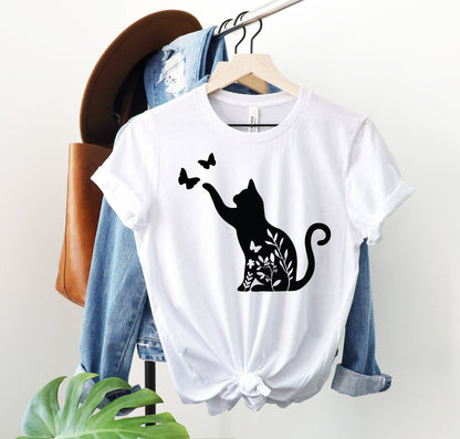 Flower Funny Cat Shirt | Butterfly Shirt | Cat Lover Gifts | Animal T Shirt | Cottagecore Shirt | Nature Shirt | Floral Shirt |Cat Lover Tee
