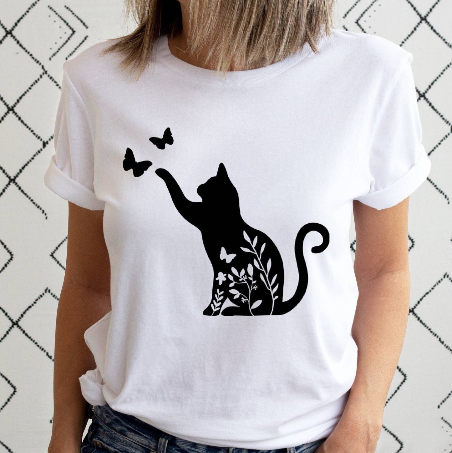 Black Cat Graphic Tshirt, Boho Flower Unisex Shirt,