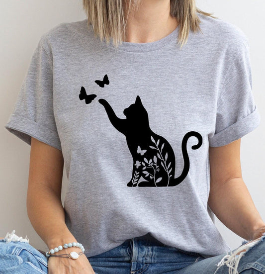 Black Cat Graphic Tshirt, Boho Flower Unisex Shirt,