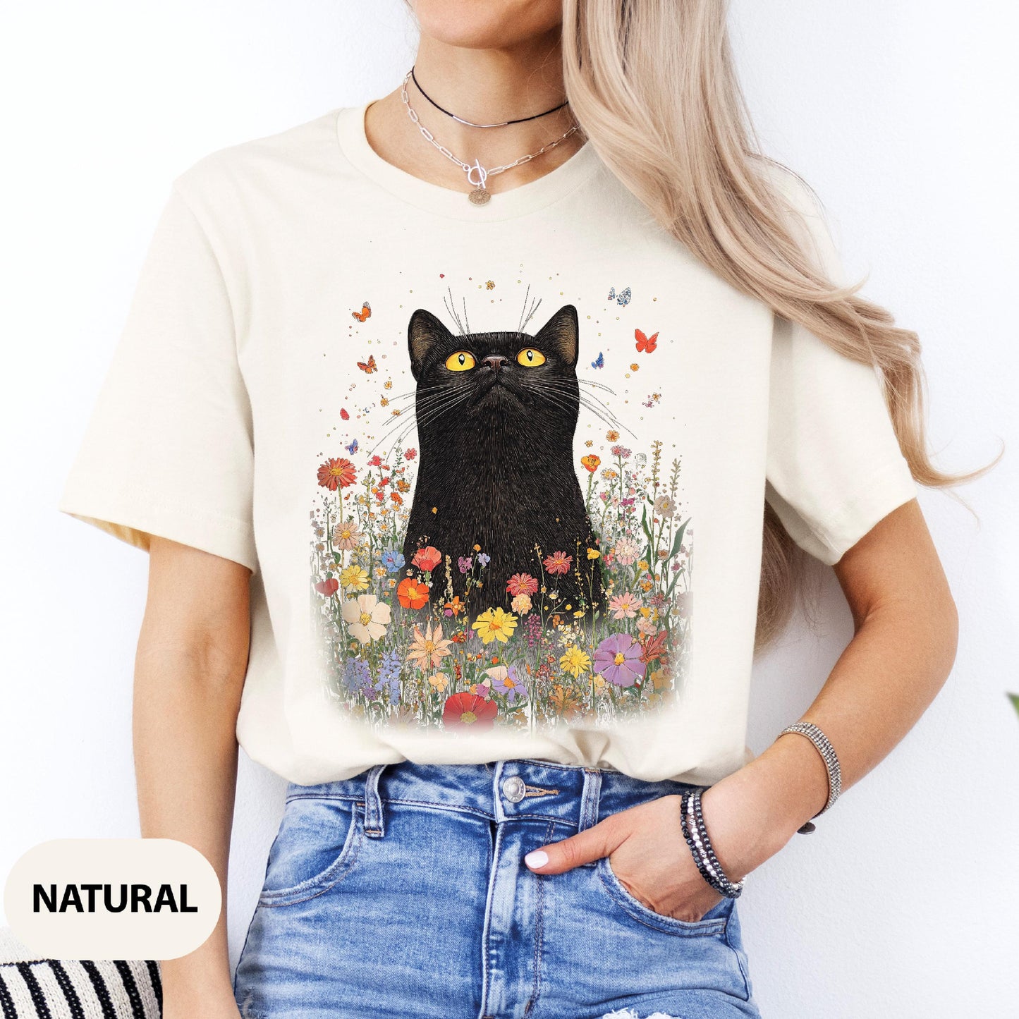 Vintage Black Cat Floral T-shirt: Boho Wildflower Graphic