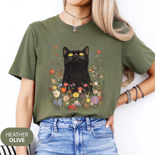 Vintage Black Cat Floral T-shirt: Boho Wildflower Graphic