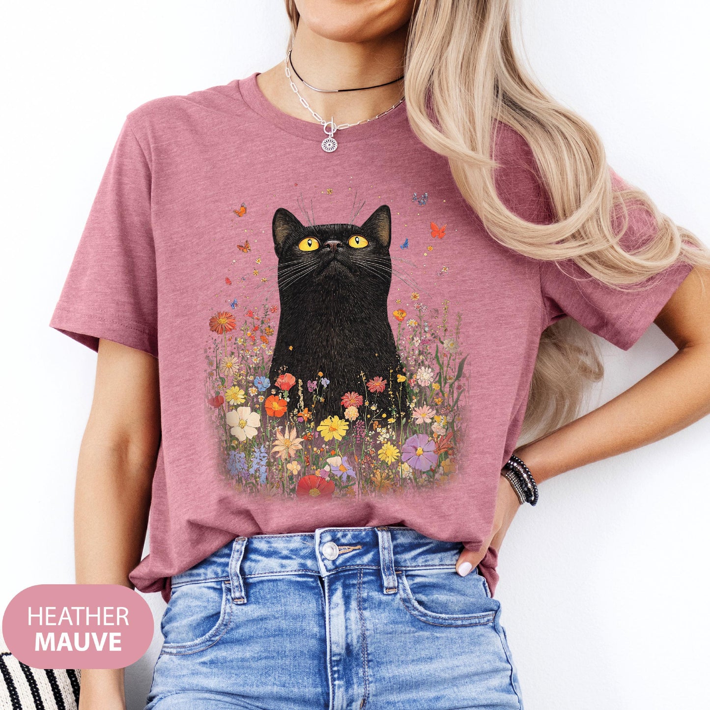 Vintage Black Cat Floral T-shirt: Boho Wildflower Graphic