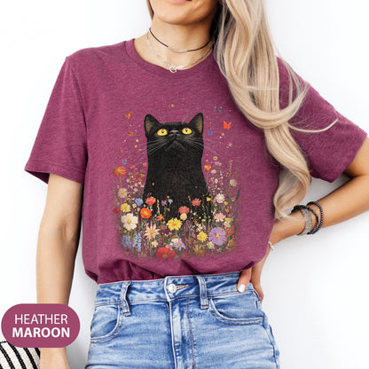 Vintage Black Cat Floral T-shirt: Boho Wildflower Graphic